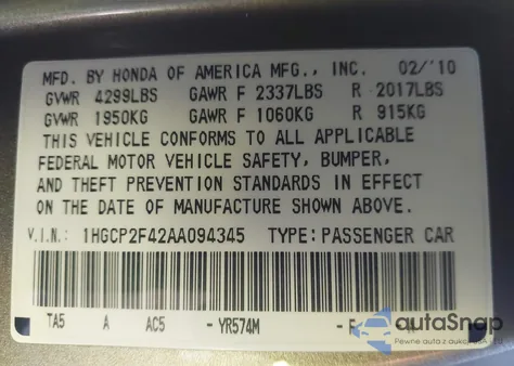 2010 Honda Accord 2.4 Lx-P z USA, uszkodzony, nr VIN 1HGCP2F42AA094345